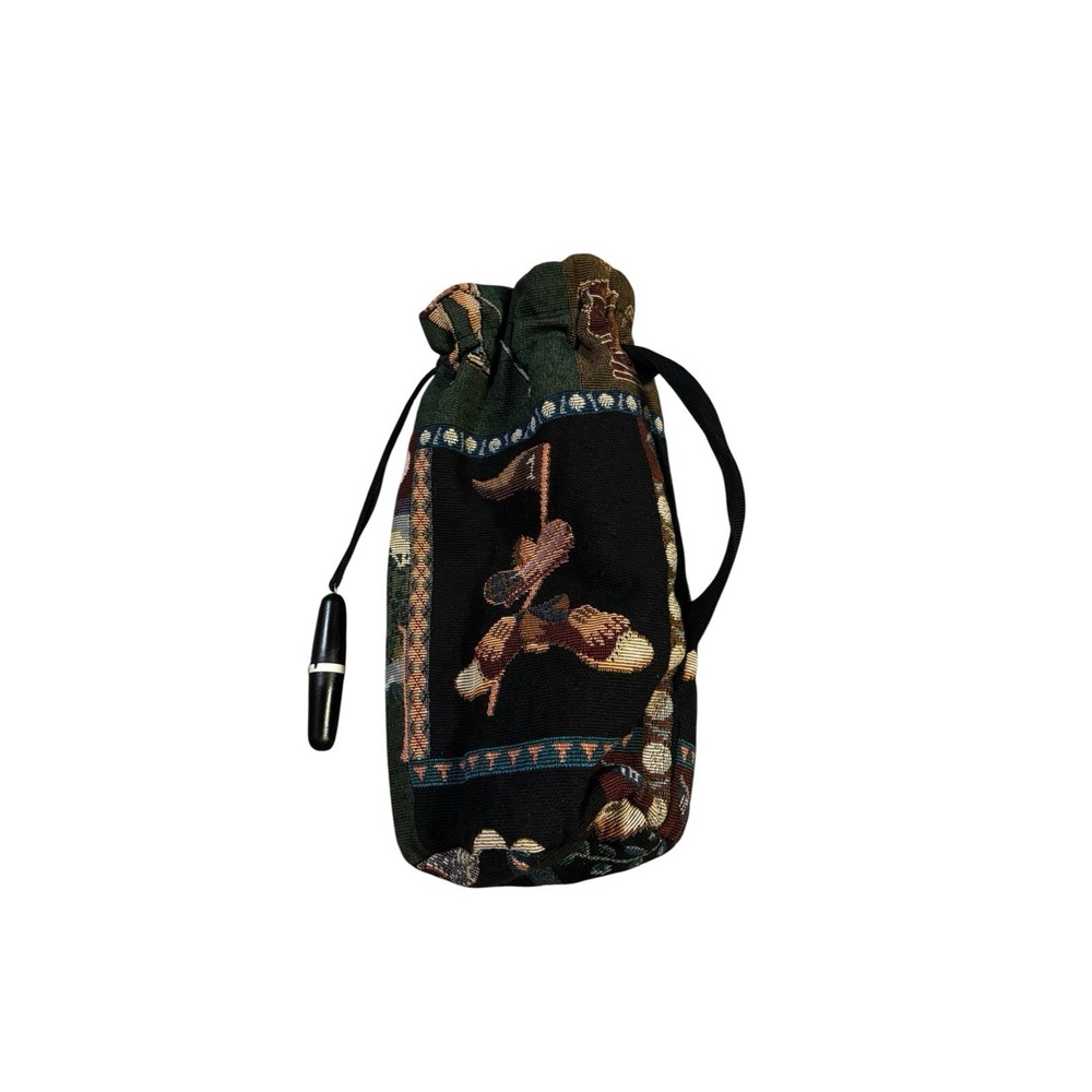 Vintage Golf Tapestry Wine Bottle Bag with Integrated Corkscrew Drawstring Black